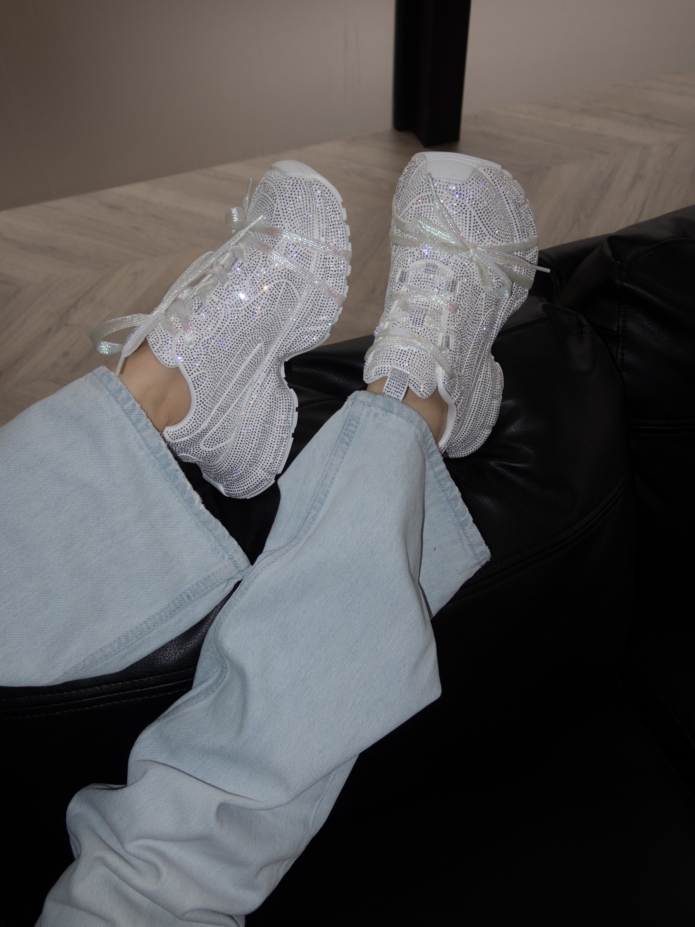 Women's white sneakers with sparkling stones