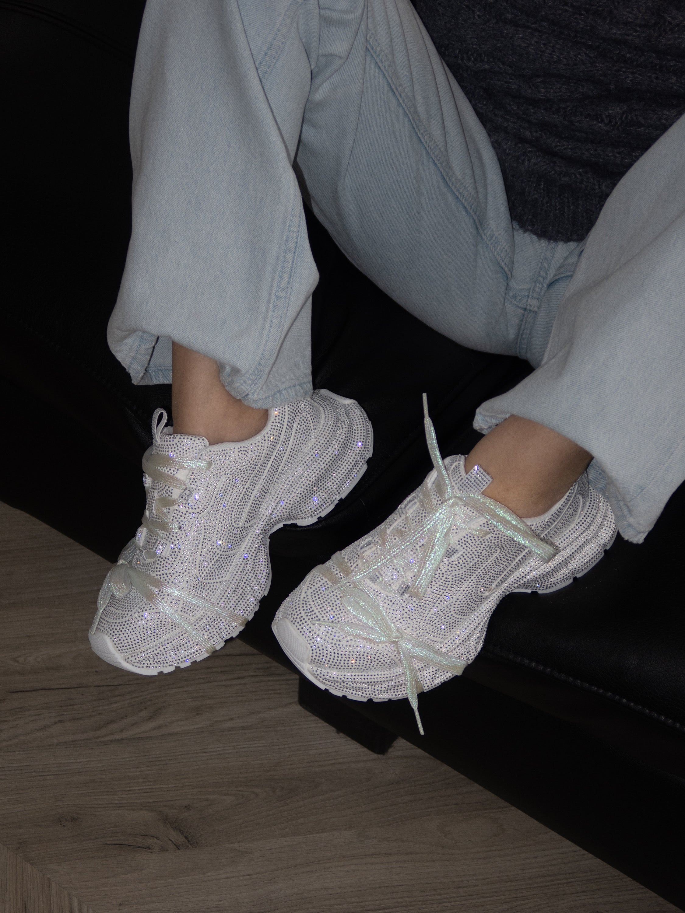 Women's white sneakers with sparkling stones