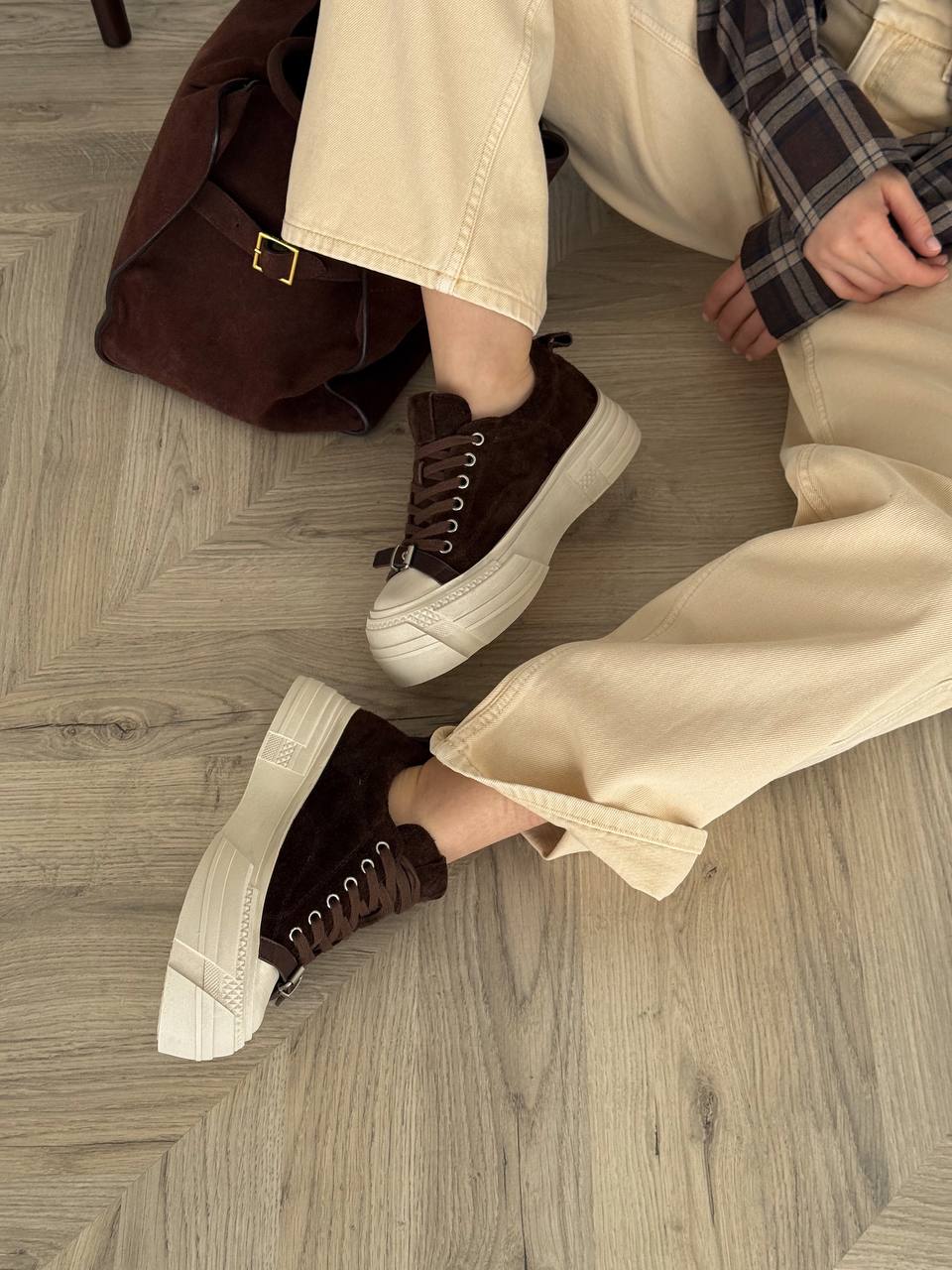 Chocolate-colored sneakers with a chunky sole