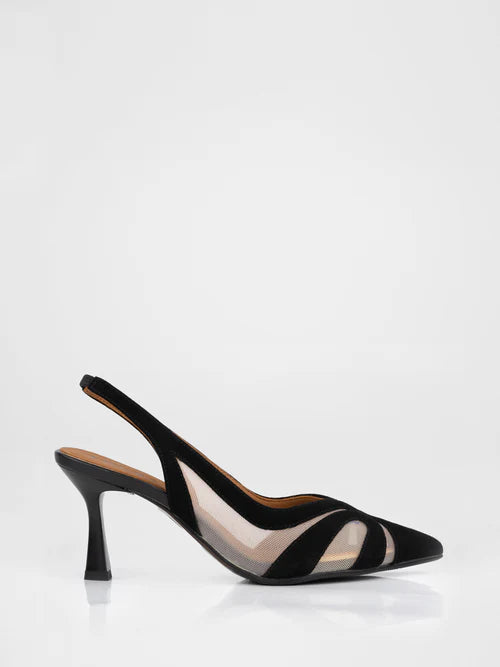 Black suede open-heel slingbacks with sheer panels