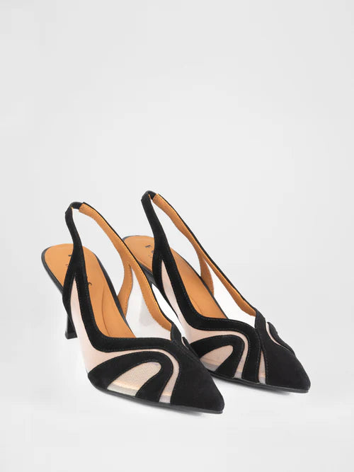 Black suede open-heel slingbacks with sheer panels