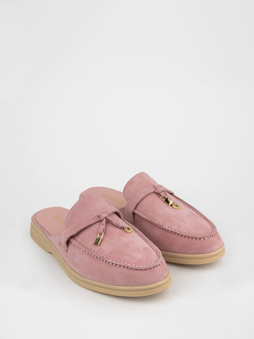 Mules de ante rosa con cordón de piel