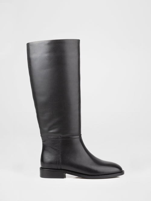 Black Leather Tall Boots with Low Heel