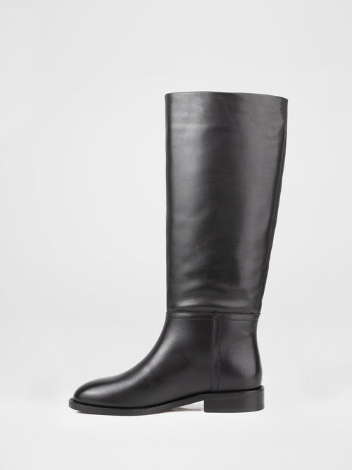 Black Leather Tall Boots with Low Heel