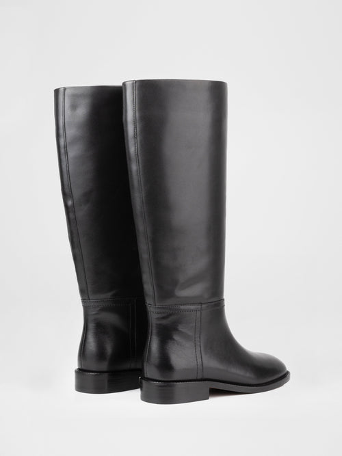 Black Leather Tall Boots with Low Heel