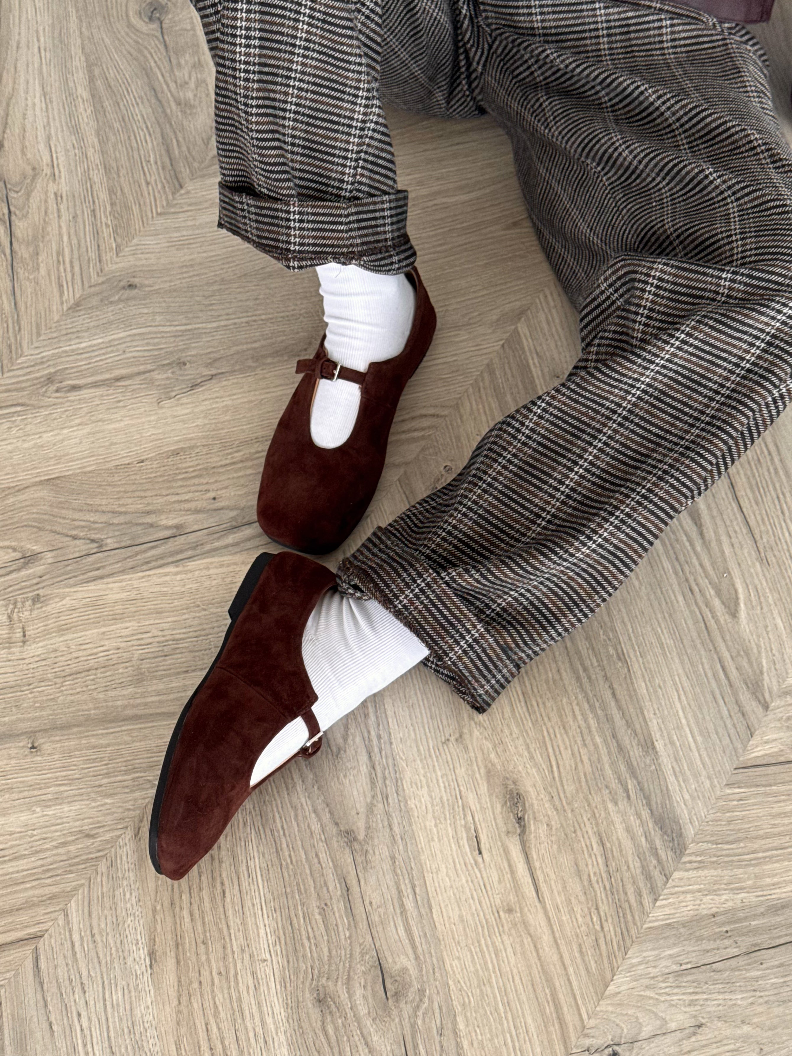 Chocolate-colored Mary Jane ballet flats made of genuine suede