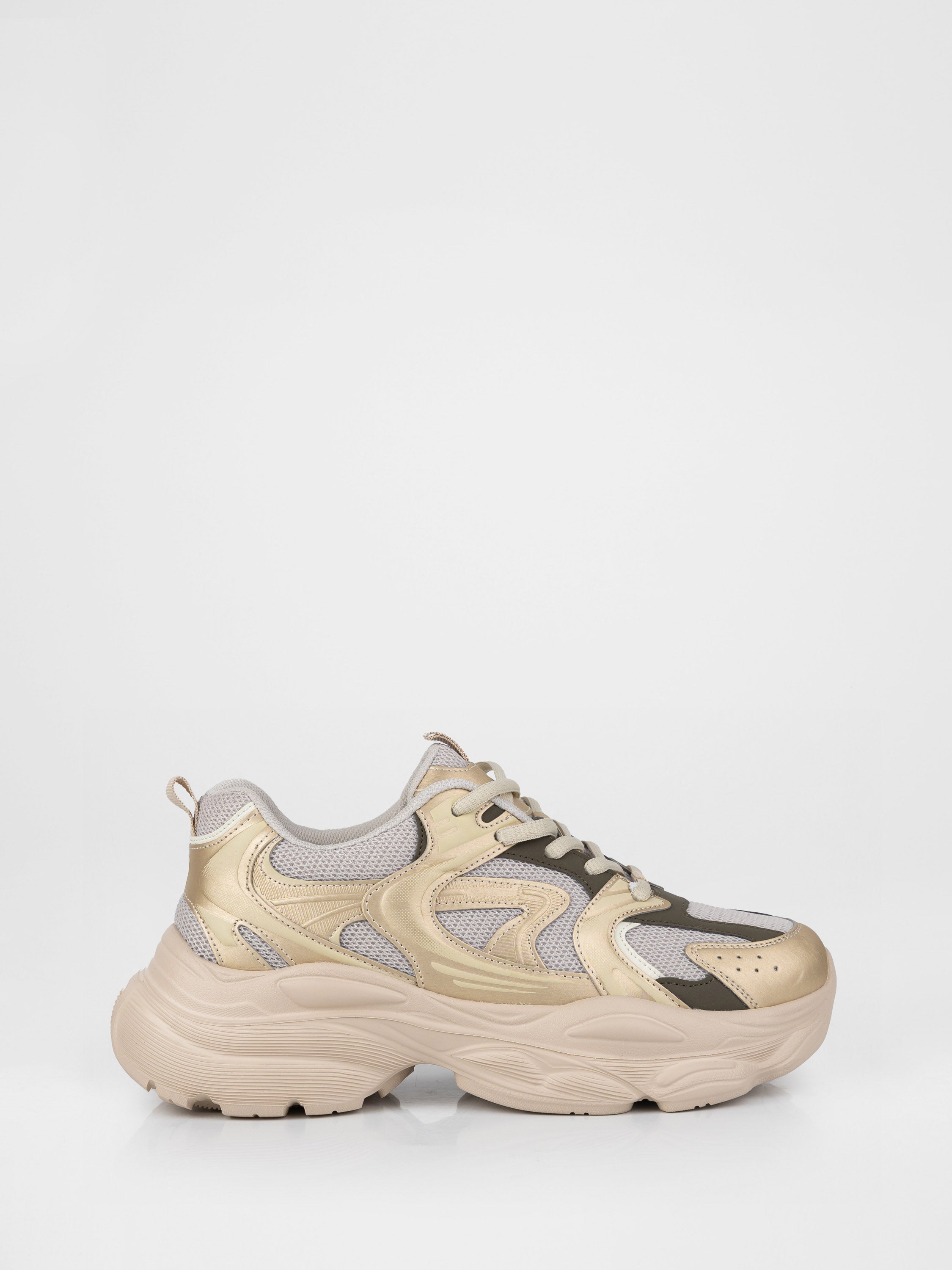 Sneakers in a light beige and white colorway with a chunky sole