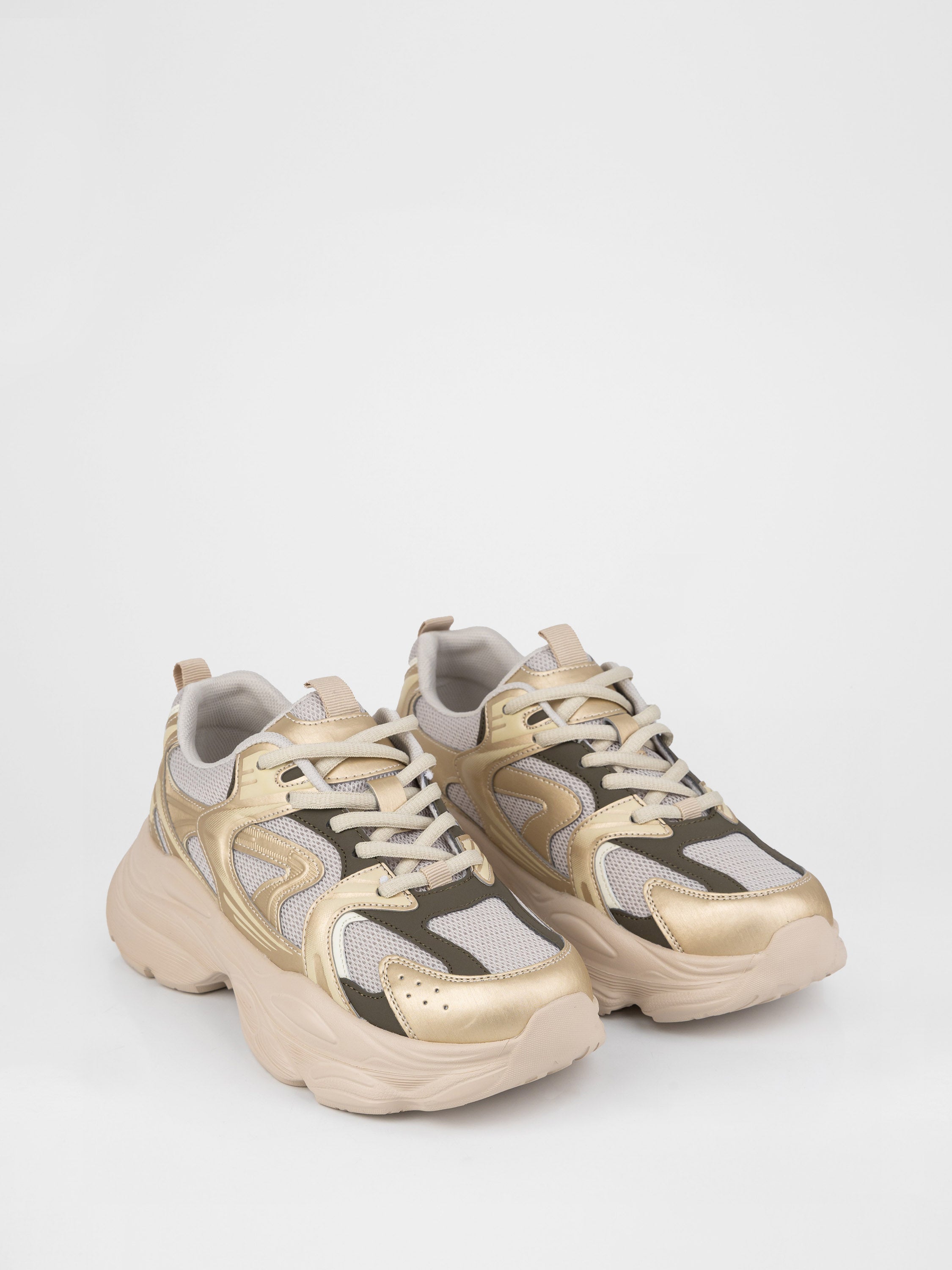 Sneakers in a light beige and white colorway with a chunky sole