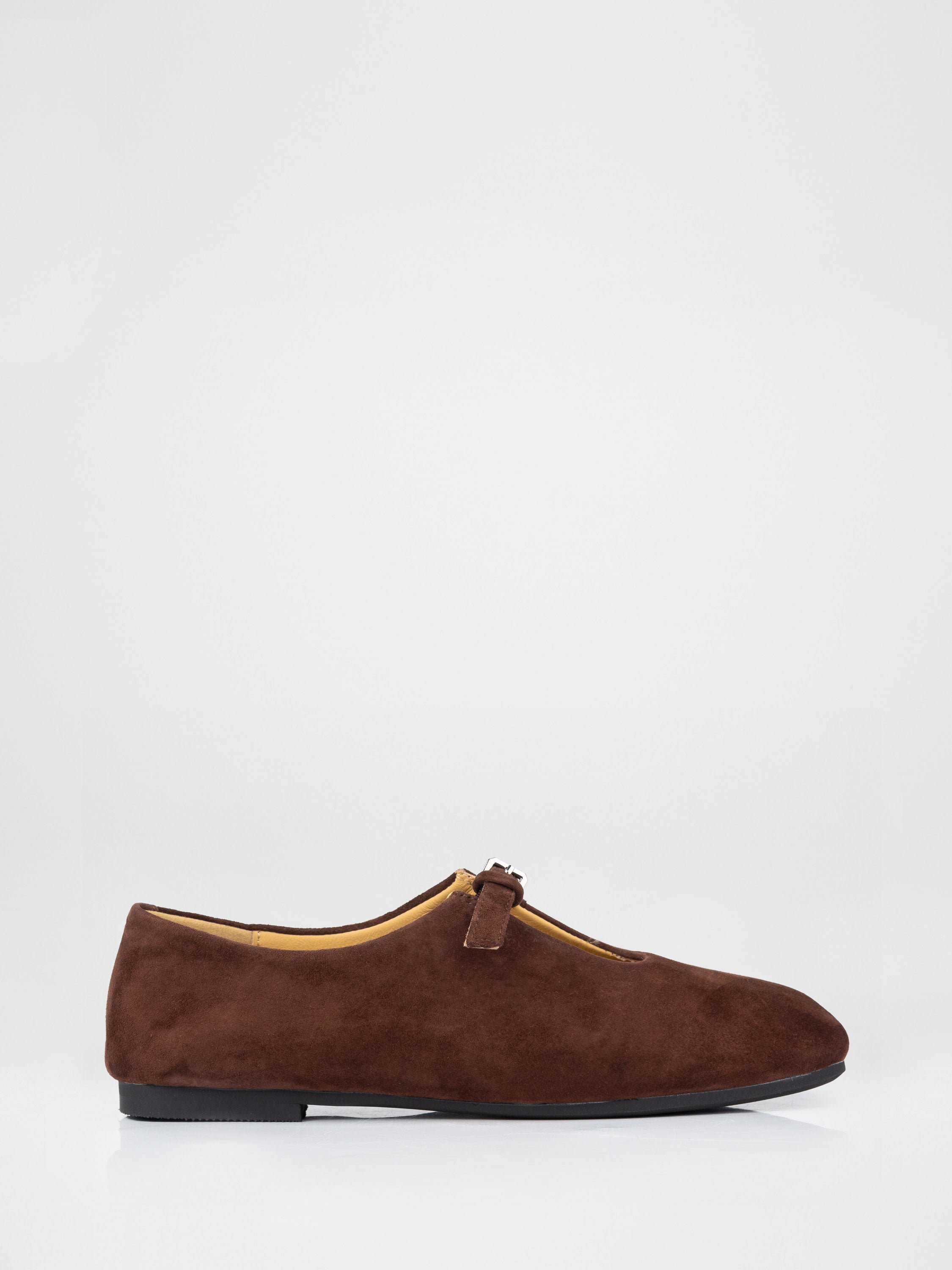 Chocolate-colored Mary Jane ballet flats made of genuine suede