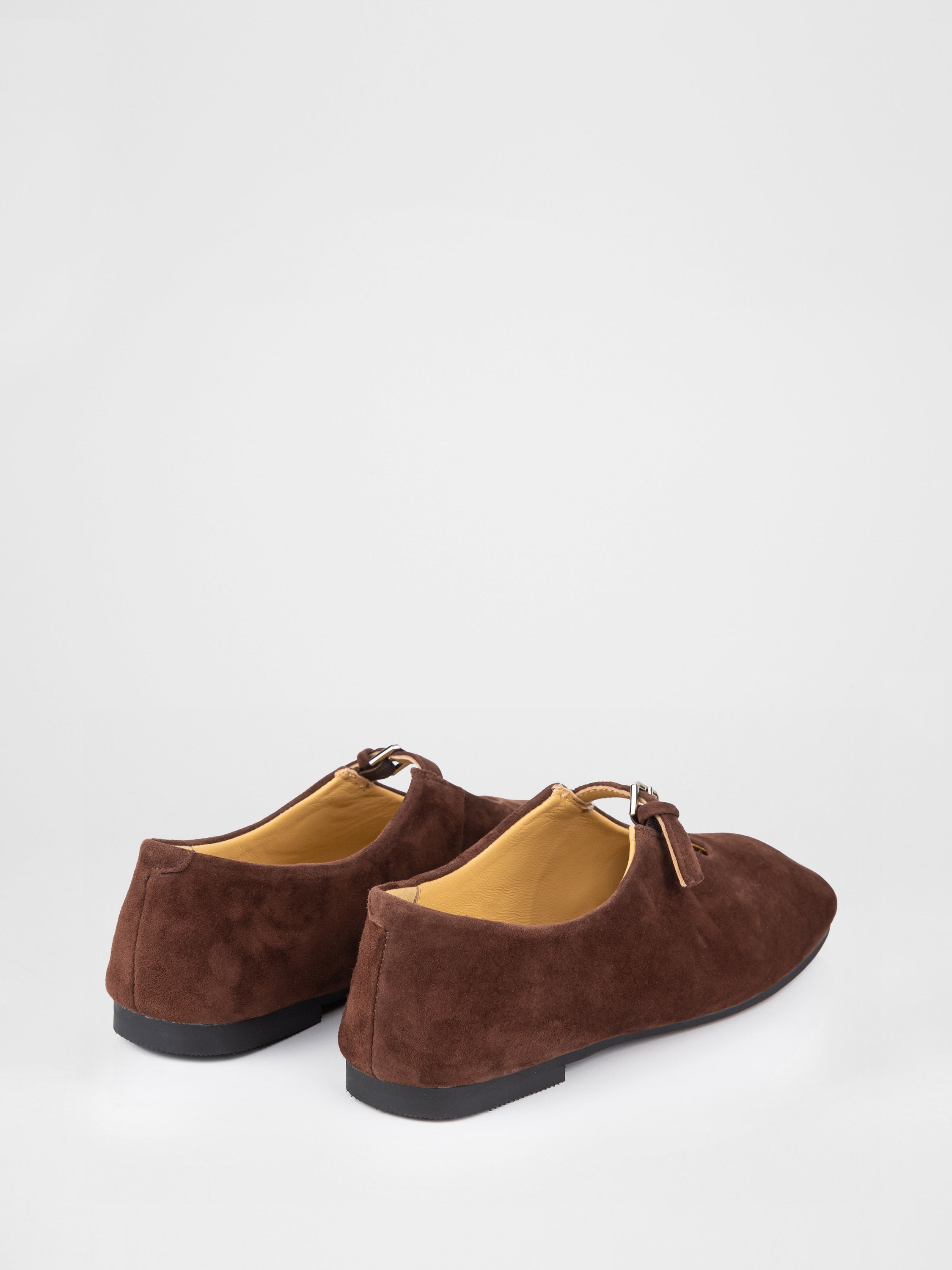 Chocolate-colored Mary Jane ballet flats made of genuine suede