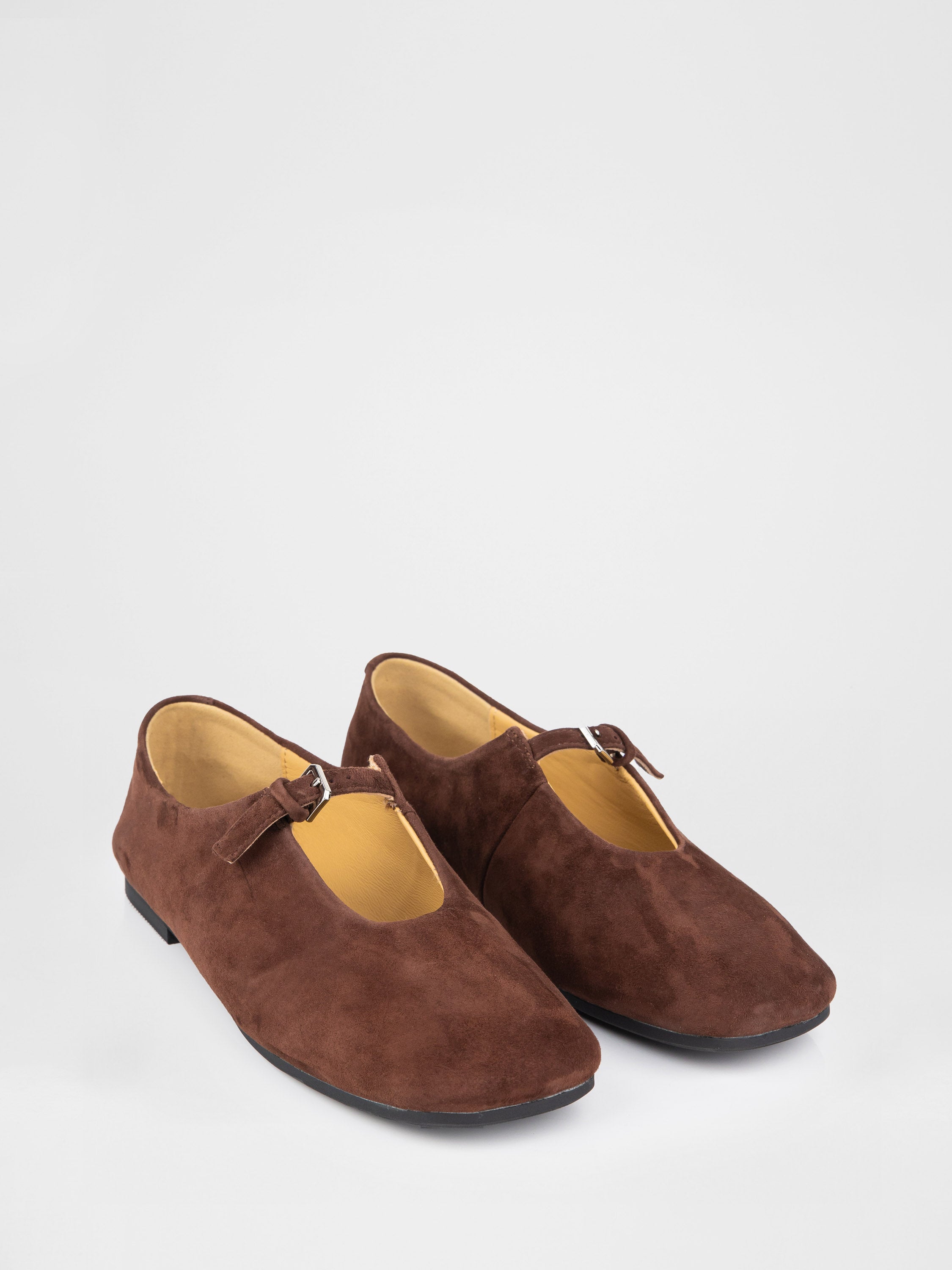 Chocolate-colored Mary Jane ballet flats made of genuine suede