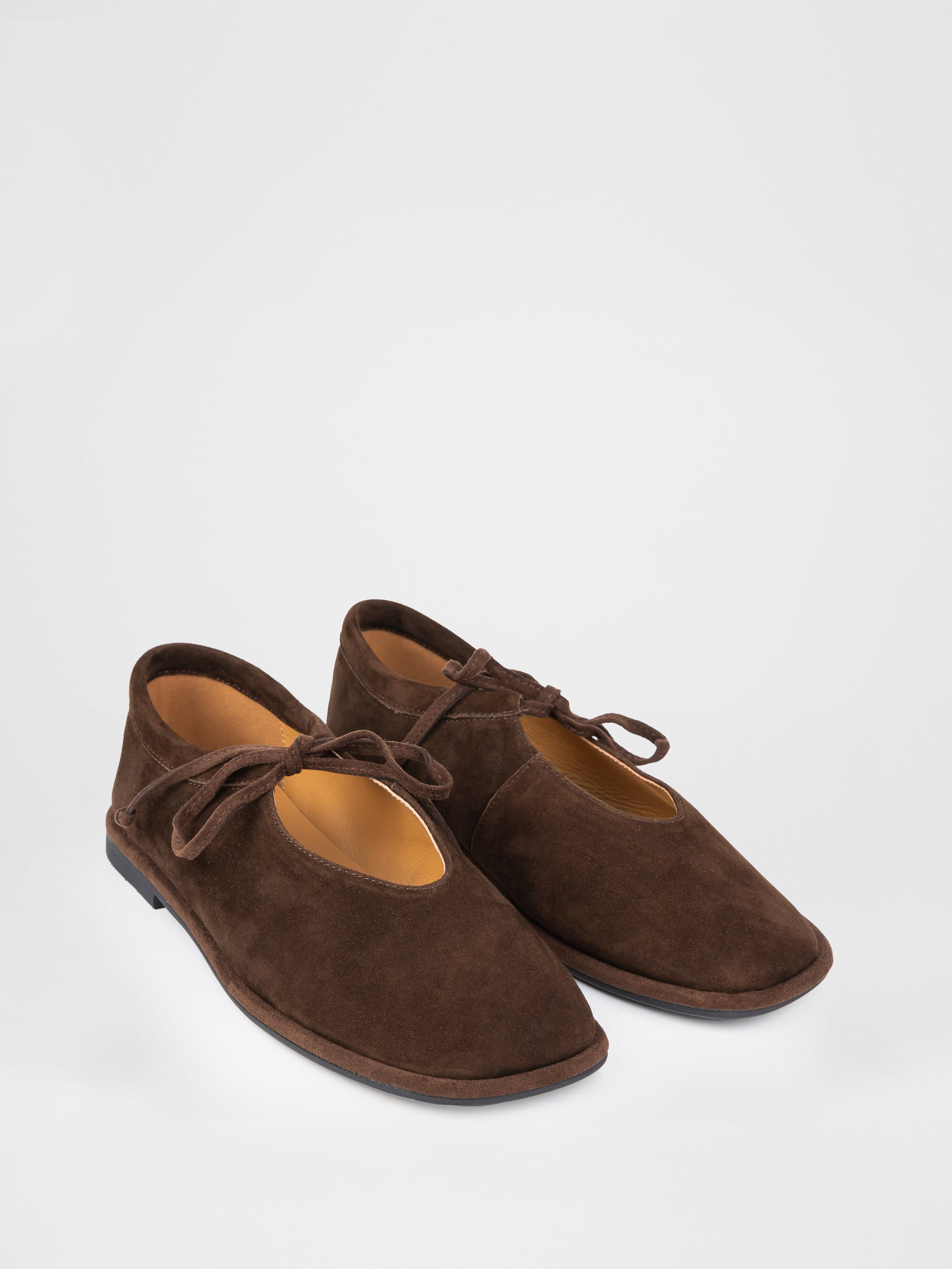 Chocolate-colored genuine suede ballet flats