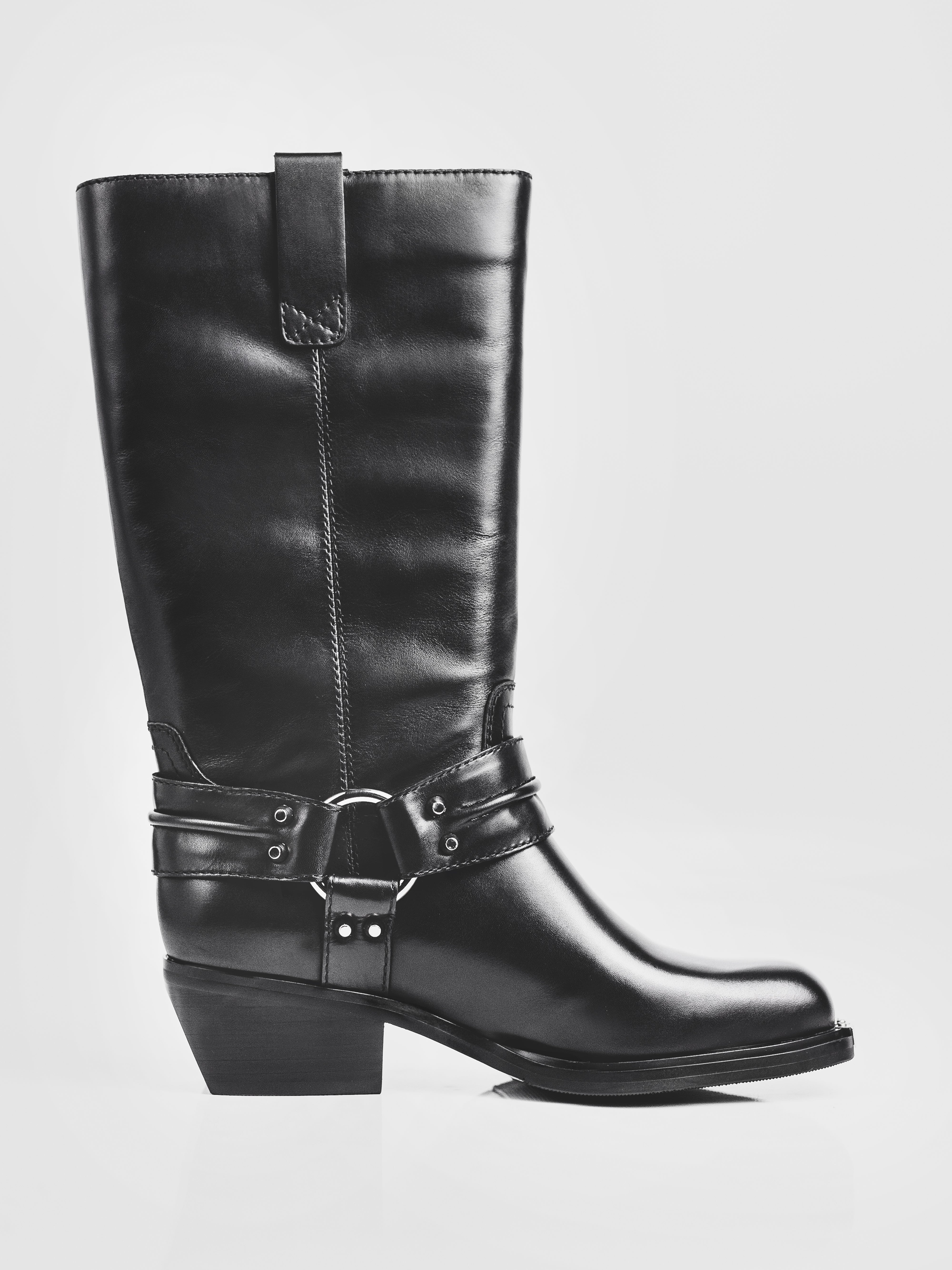 Bold Black Leather Heeled Boots