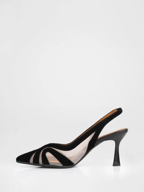 Black suede open-heel slingbacks with sheer panels