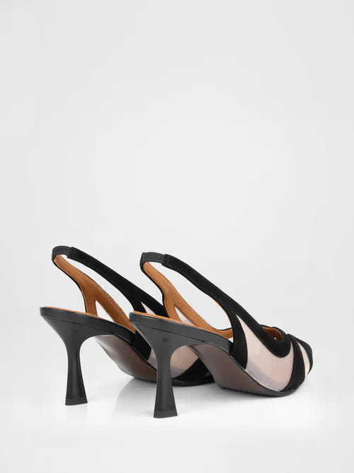 Black suede open-heel slingbacks with sheer panels