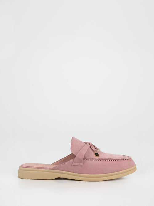 Mules de ante rosa con cordón de piel