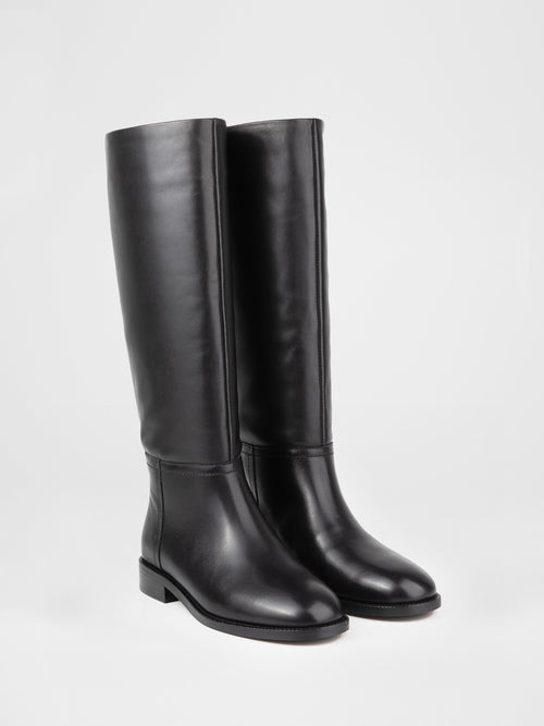 Black Leather Tall Boots with Low Heel