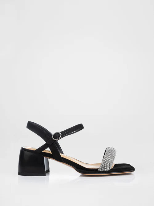 Black heeled sandals decorated with stones