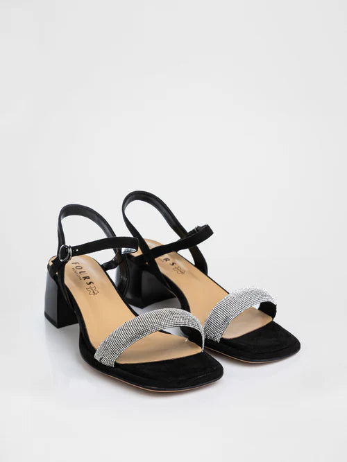Black heeled sandals decorated with stones