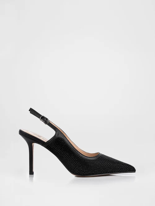 Slingbacks in black color are decorated with stones