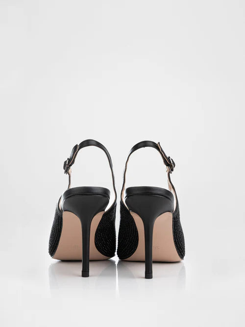 Slingbacks in black color are decorated with stones