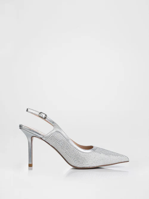 Slingbacks in silver color decorated with stones
