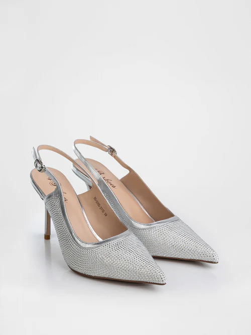 Slingbacks in silver color decorated with stones