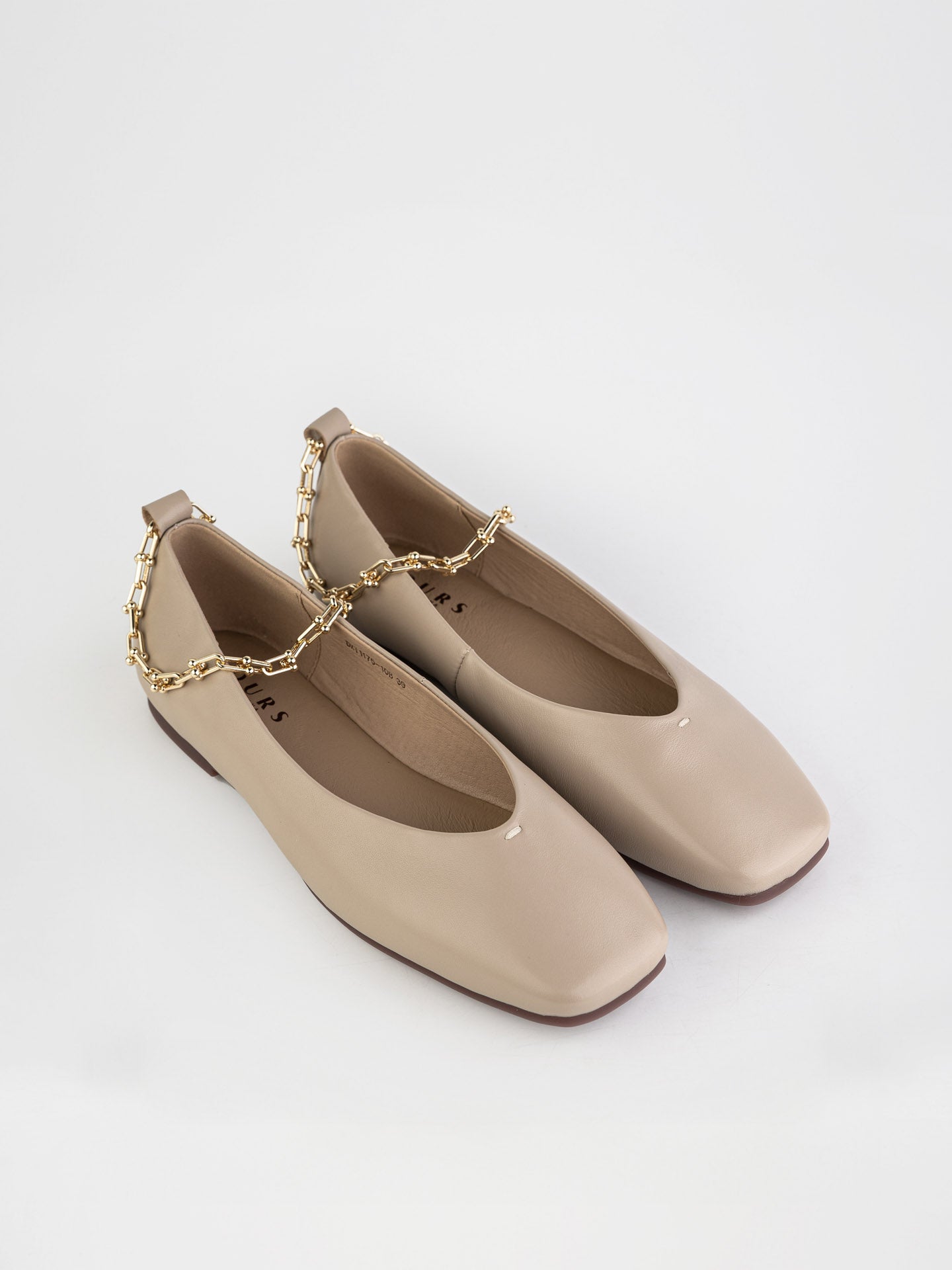 Beige Ballet Flats with Gold Chain Detail