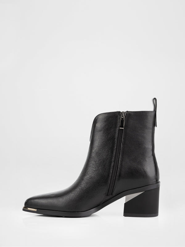 Black Leather Block-Heel Ankle Boots