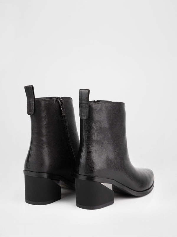 Black Leather Block-Heel Ankle Boots