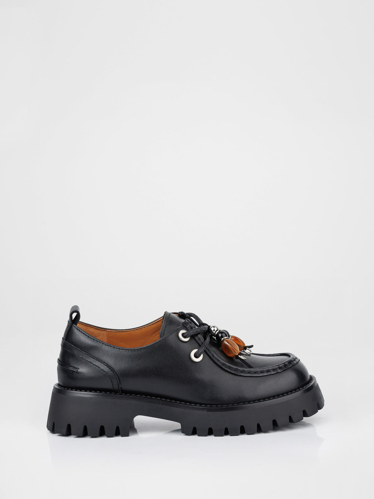Black Leather Derby Shoes with Beaded Laces