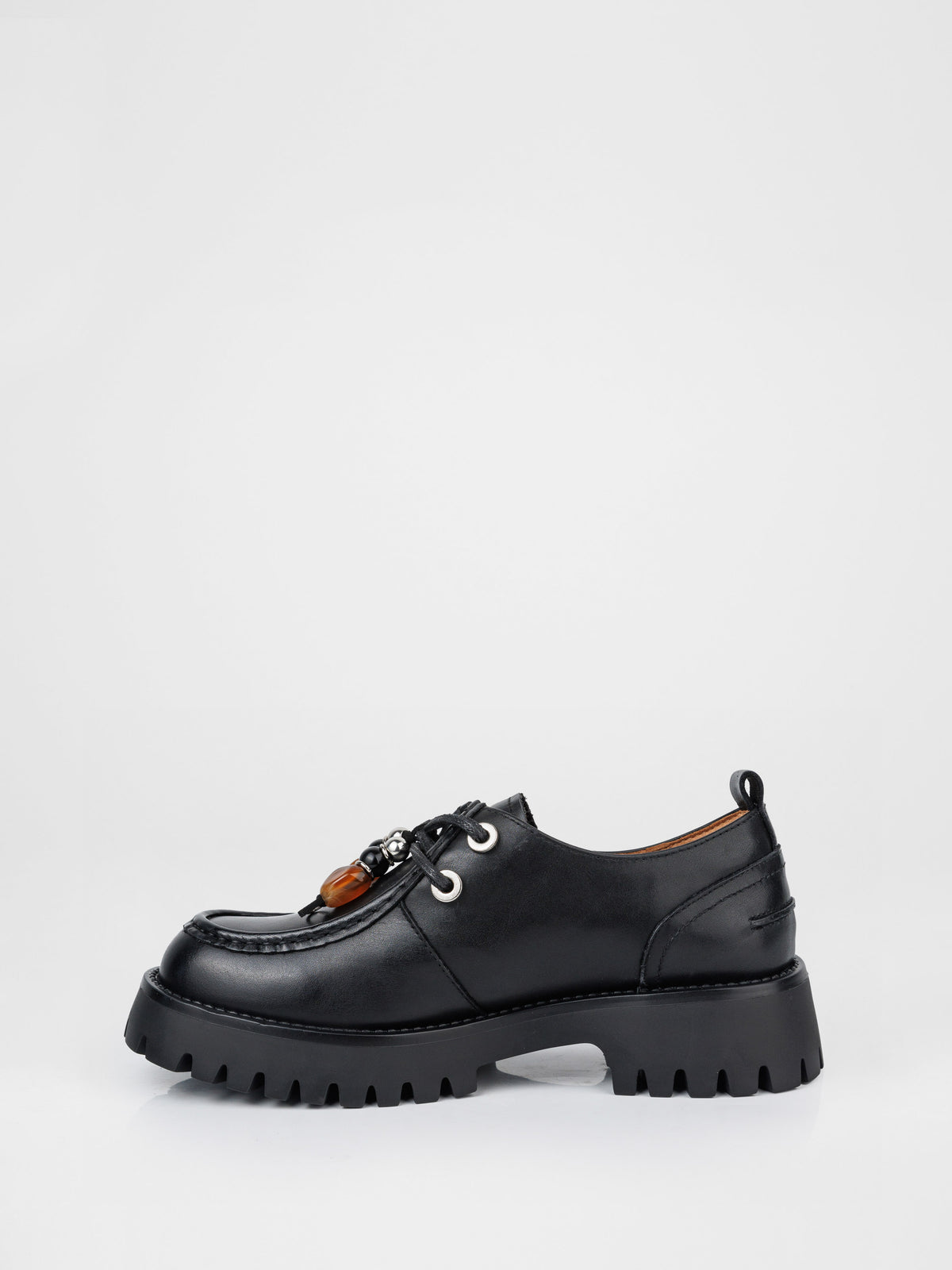 Black Leather Derby Shoes with Beaded Laces