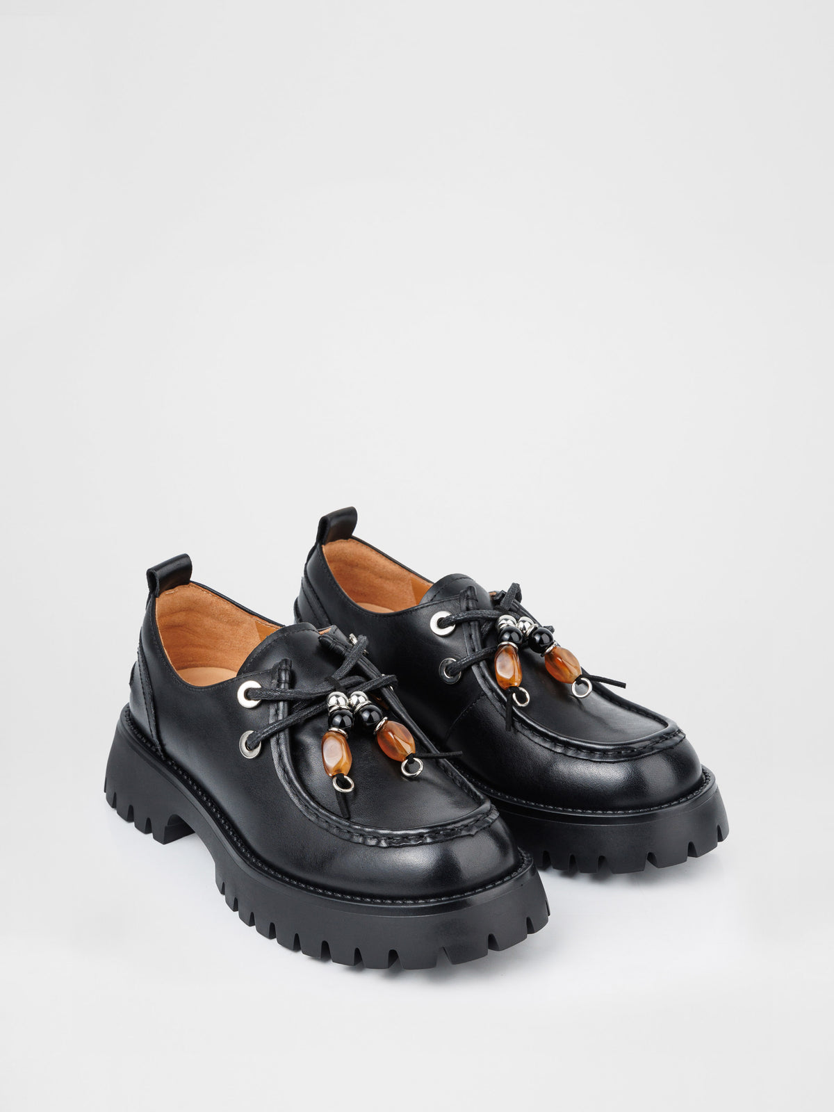 Black Leather Derby Shoes with Beaded Laces