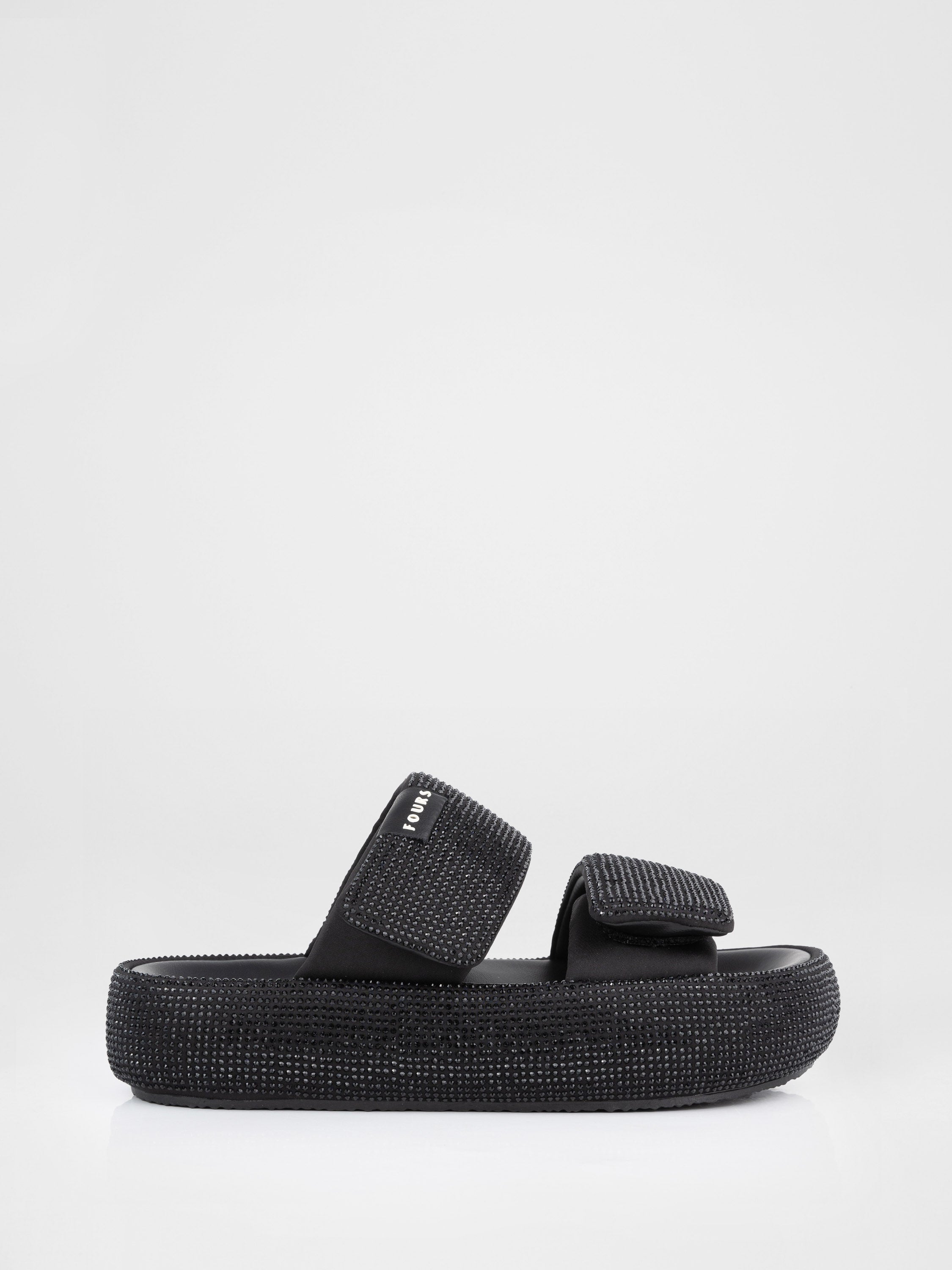 Black platform clogs with rhinestones