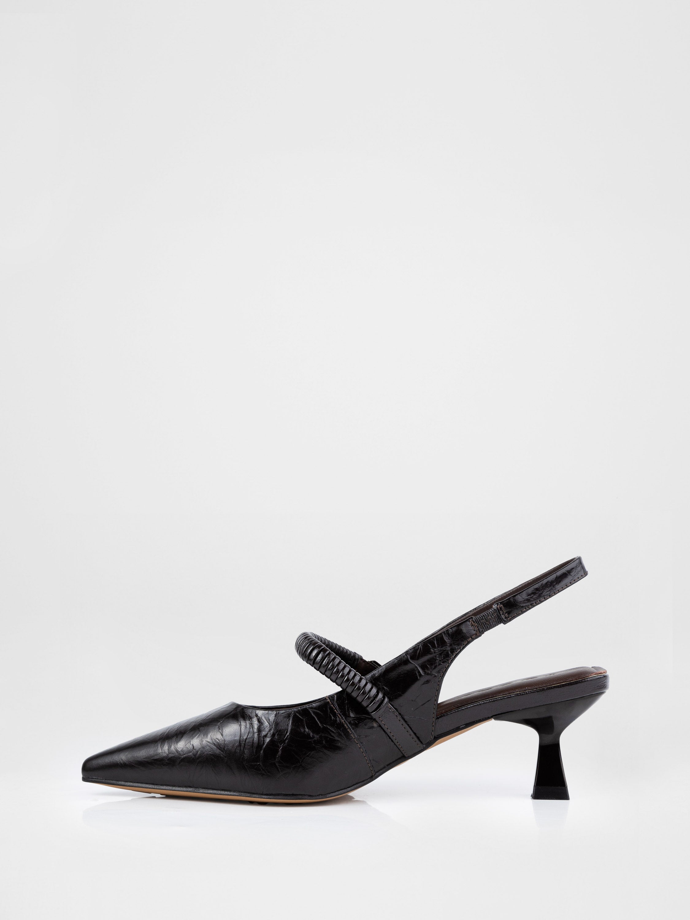 Chocolate-colored patent leather slingbacks