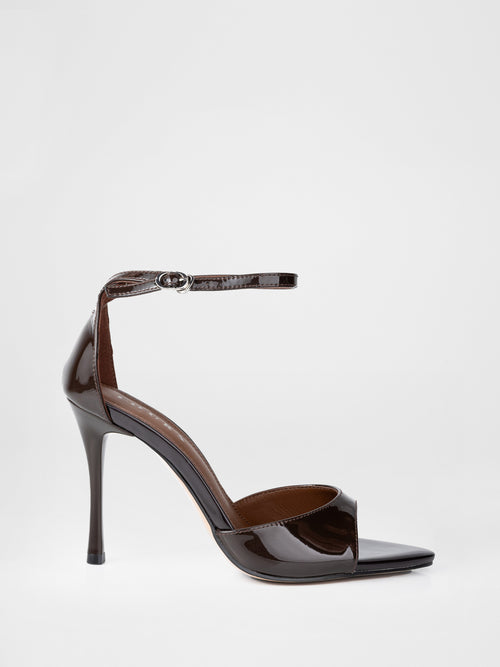 Chocolate patent leather heeled sandals