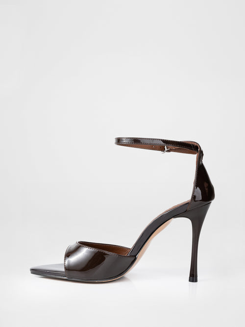 Chocolate patent leather heeled sandals
