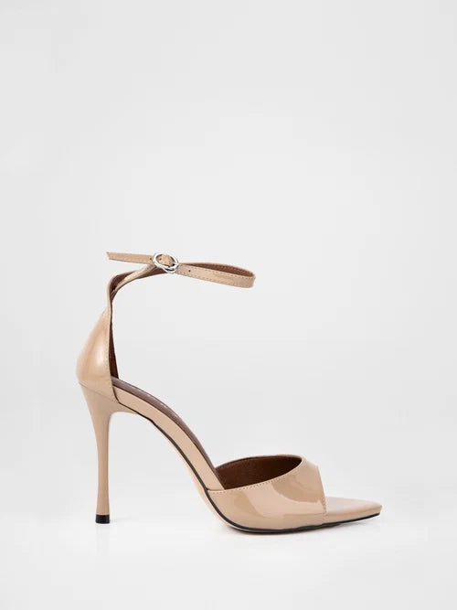 Beige patent leather heeled sandals