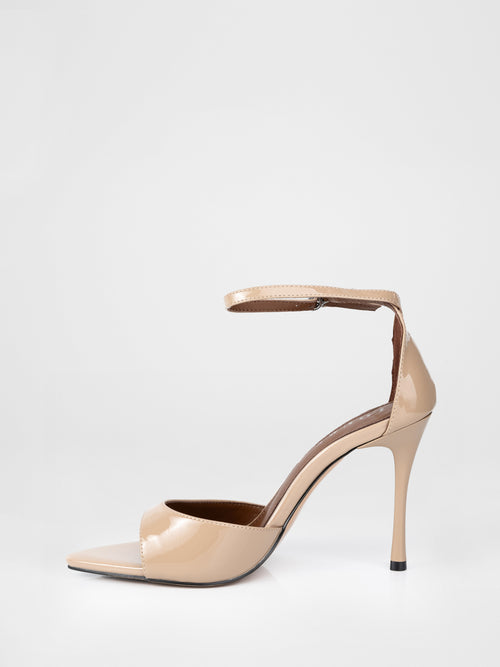 Beige patent leather heeled sandals