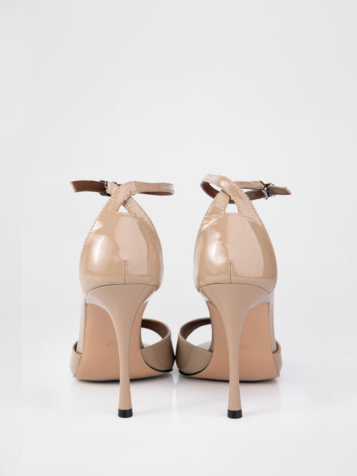 Beige patent leather heeled sandals