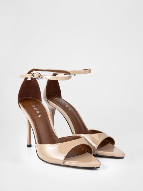 Beige patent leather heeled sandals