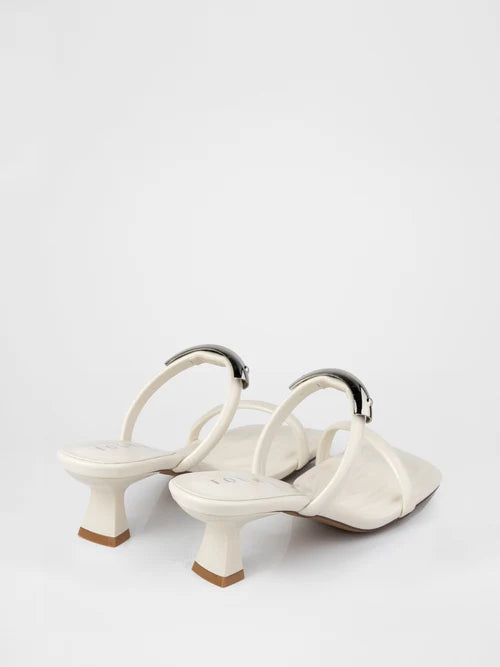 White heeled sandals with a thin strap