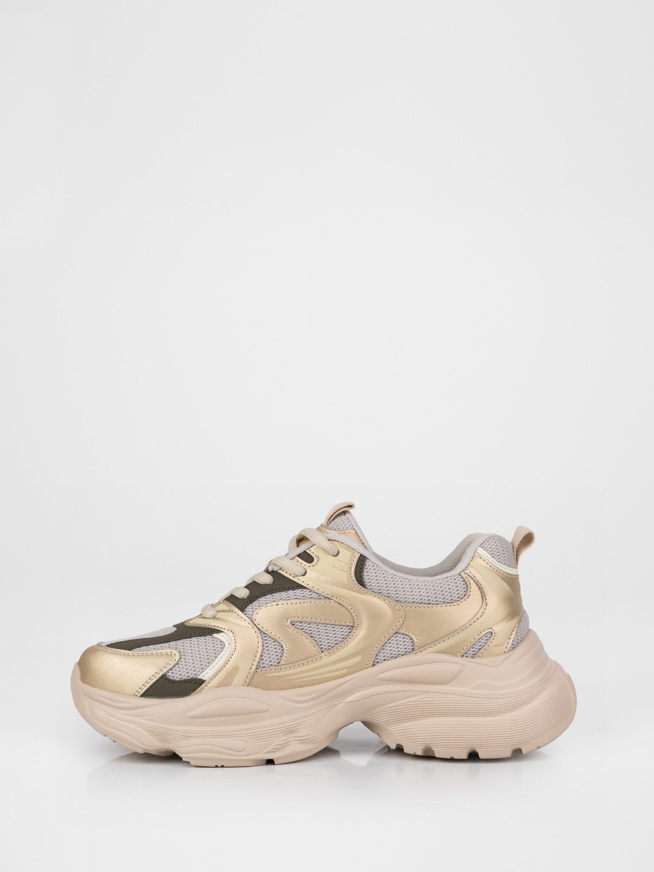 Sneakers in a light beige and white colorway with a chunky sole