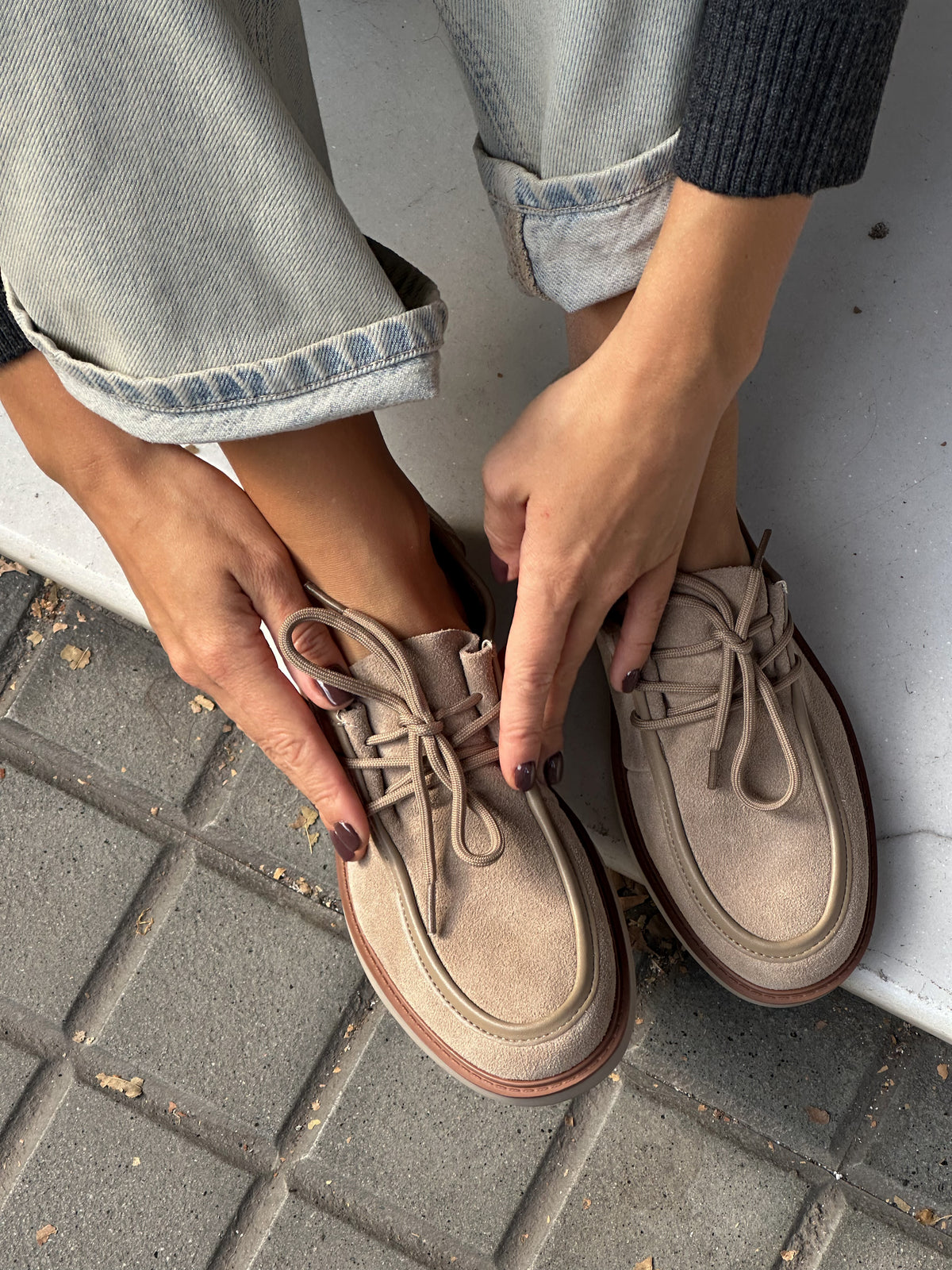 Taupe Suede Loafers with Contrast Stitching