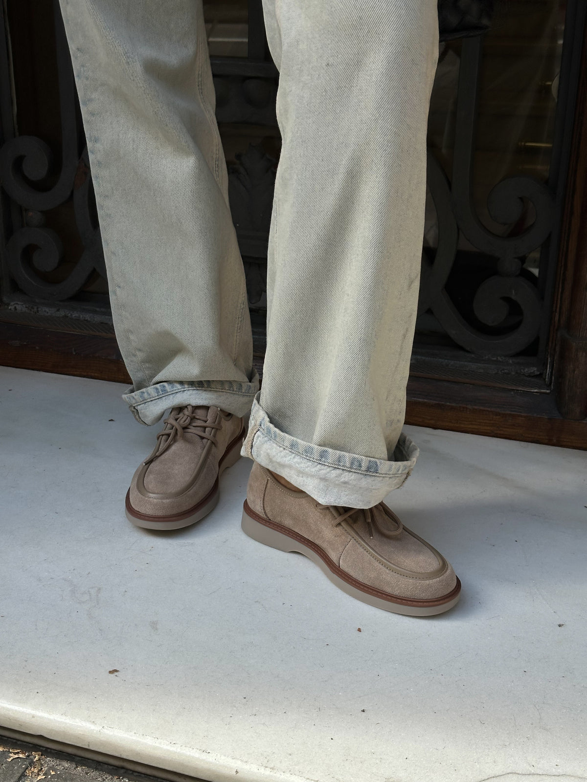 Taupe Suede Loafers with Contrast Stitching